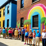 ** A vibrant, large-scale mural painted on a weathered brick wall of an old building in a revitalized urban alley. Diverse community members, including children and seniors, gather around, smiling and interacting with the colorful artwork, which depicts elements of local history and nature. Sunlight illuminates the scene, highlighting the contrast between the renovated space and its past, symbolizing urban regeneration and renewed community spirit.

2.  **Prompt for