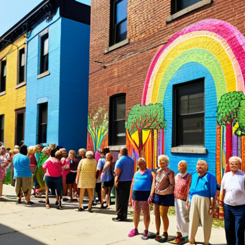 Home 7 ** A vibrant, large-scale mural painted on a weathered brick wall of an old building in a revitalized urban alley. Diverse community members, including children and seniors, gather around, smiling and interacting with the colorful artwork, which depicts elements of local history and nature. Sunlight illuminates the scene, highlighting the contrast between the renovated space and its past, symbolizing urban regeneration and renewed community spirit.
2. **Prompt for