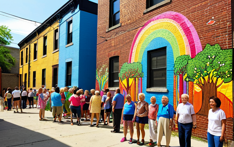 ** A vibrant, large-scale mural painted on a weathered brick wall of an old building in a revitalized urban alley. Diverse community members, including children and seniors, gather around, smiling and interacting with the colorful artwork, which depicts elements of local history and nature. Sunlight illuminates the scene, highlighting the contrast between the renovated space and its past, symbolizing urban regeneration and renewed community spirit.

2.  **Prompt for